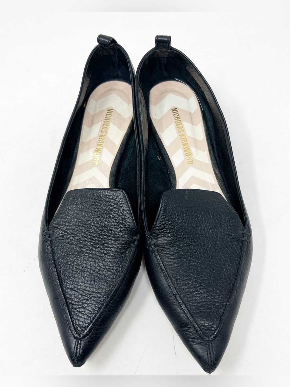 NICHOLAS KIRKWOOD BEYA BLACK POINTED TOE BALLET FLAT GOLD ACCENT HEEL 38.5/8.5
